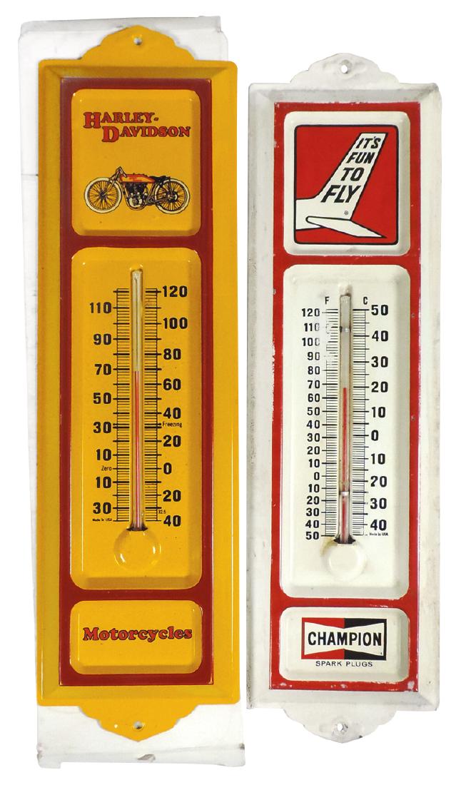 Advertising thermometers (2), Harley-Davidson,: Advertising thermometers (2), Harley-Davidson, c.1980's, embossed tin w/great Harley graphics, Exc cond w/box & Champion Spark Plugs "It's Fun to Fly" embossed tin w/airplane graphic, Good/VG cond, bo