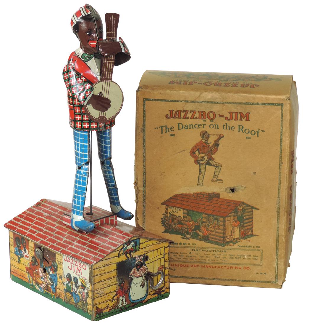 Toy w/box, Black Americana Jazzbo-Jim "The Dancer on: Toy w/box, Black Americana Jazzbo-Jim "The Dancer on the Roof", mfgd by Unique Art, litho on tin windup, pat'd 1921, VG+ to Exc wkg cond w/Good 2-pc box, 10.5"H x 5.5"W.