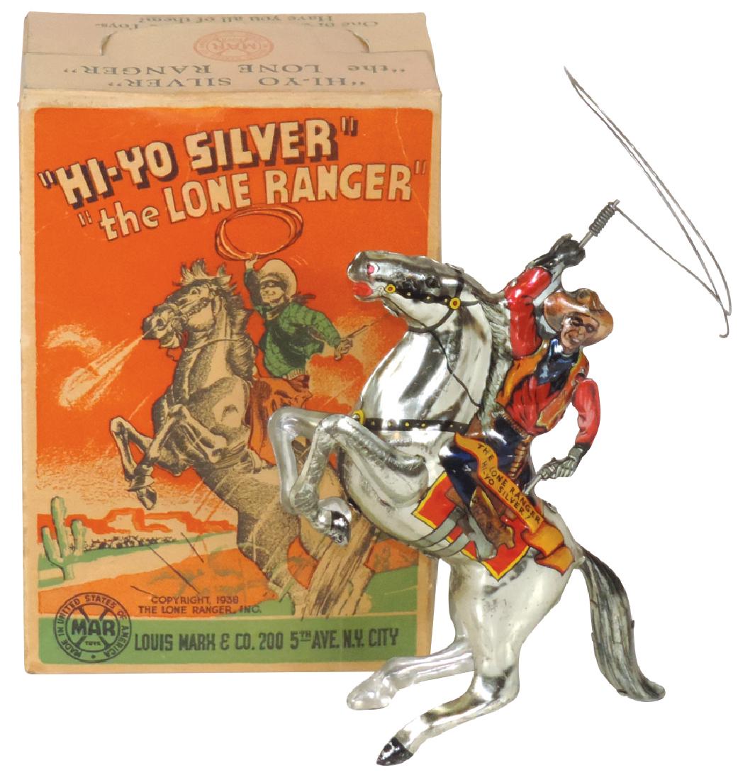 Toy w/box, The Lone Ranger Hi-Yo Silver, mfgd by Louis: Toy w/box, The Lone Ranger Hi-Yo Silver, mfgd by Louis Marx, litho on tin windup, c.1928, Near-Mint wkg cond, box VG+, 9"H.