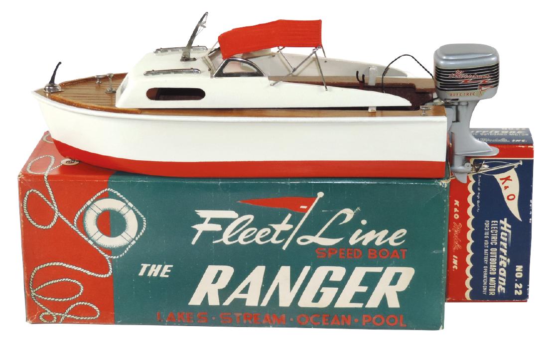 Toy boat w/motor, Fleet Line "The Ranger", in orig: Toy boat w/motor, Fleet Line "The Ranger", in orig box/inst & Hurricane motor in orig box/inst, both Mint wkg cond, 12"L x 4.5"W.