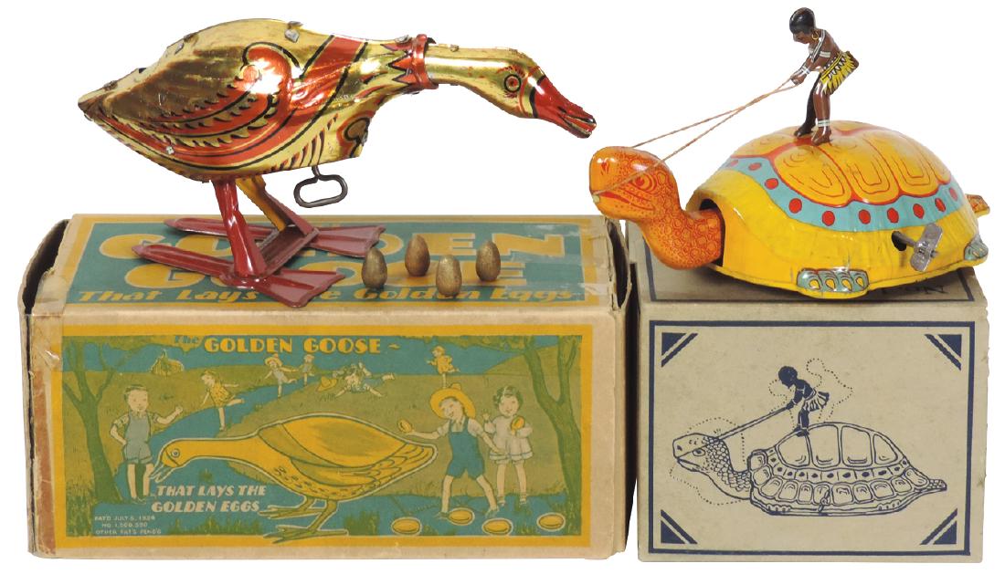 Toys w/boxes (2), Mechanical Turtle by J. Chein & Co.,: Toys w/boxes (2), Mechanical Turtle by J. Chein & Co., African Native riding litho on tin windup turtle, Exc wkg cond w/Exc box, 4.5"H x 8"W & Marx Golden Goose, litho on tin windup, Near-Mint wkg con