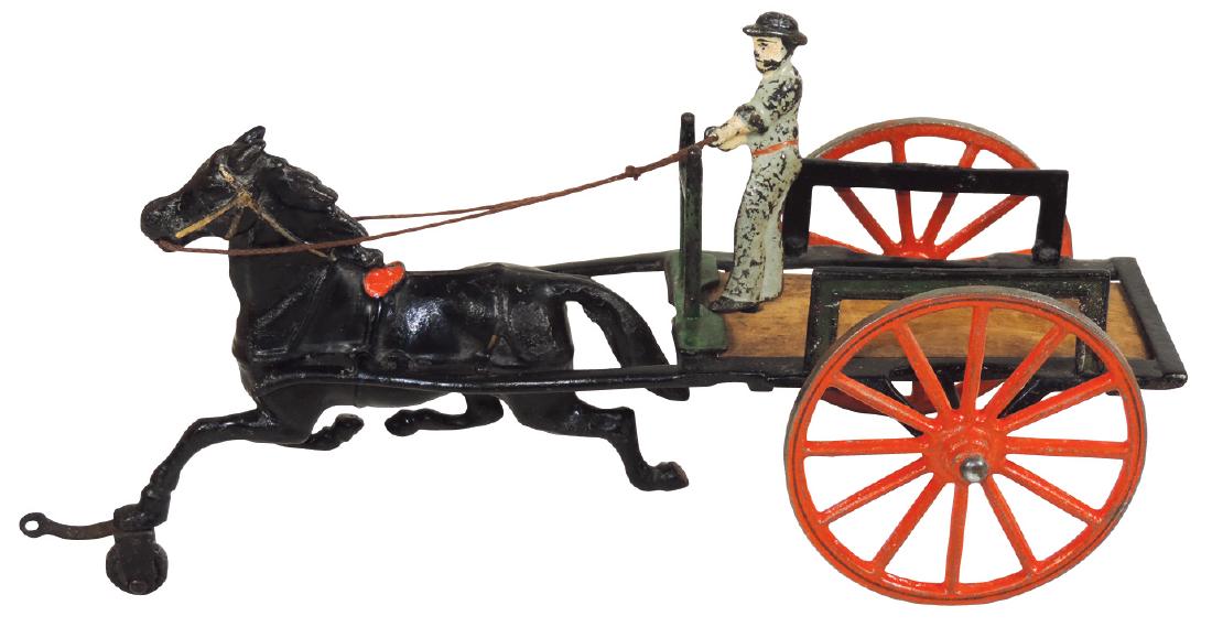 Toy horse-drawn cart, Pratt & Letchworth dray cart,: Toy horse-drawn cart, Pratt & Letchworth dray cart, single horse w/standing driver, cast iron, Exc cond, 5.5"H x 10.5"W.