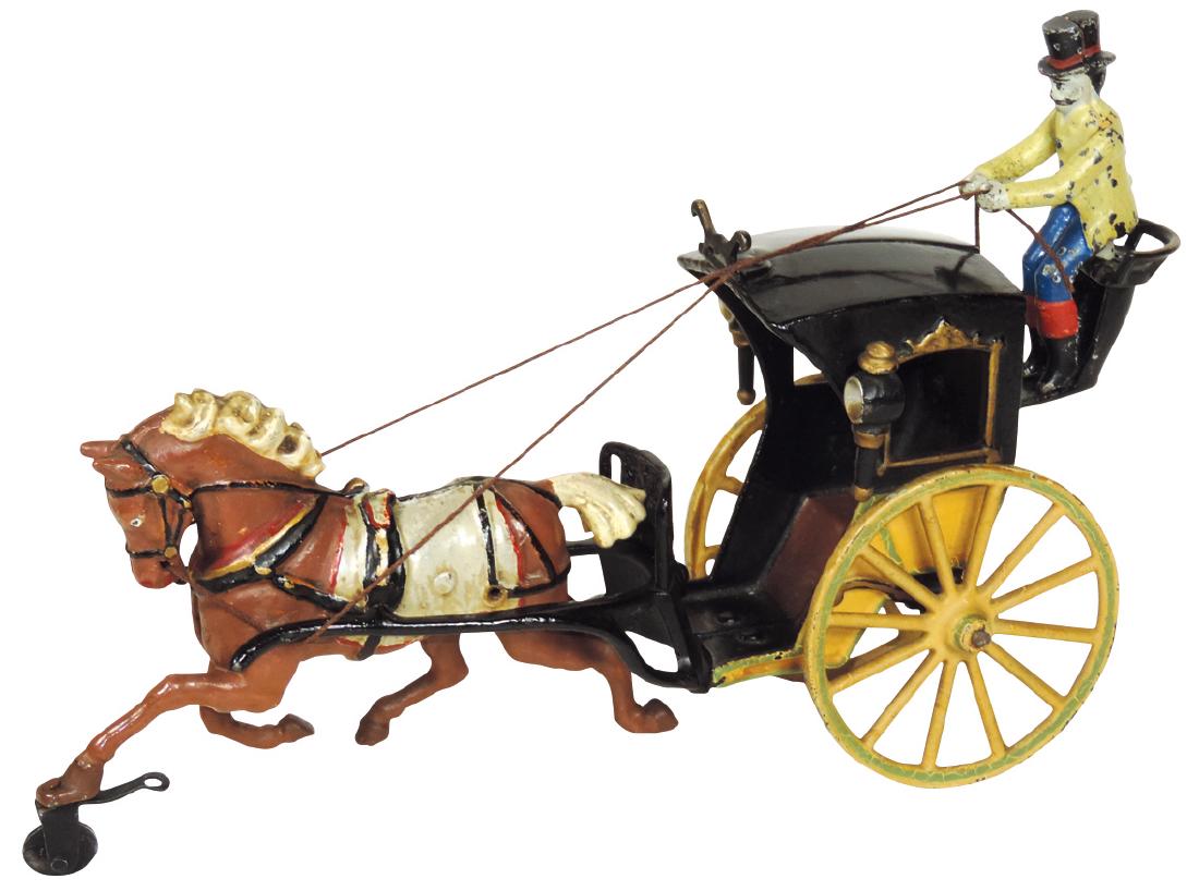 Toy horse-drawn hansom cab, Pratt & Letchworth,: Toy horse-drawn hansom cab, Pratt & Letchworth, c.1890's, repainted cast iron in VG cond, 12.5"L.