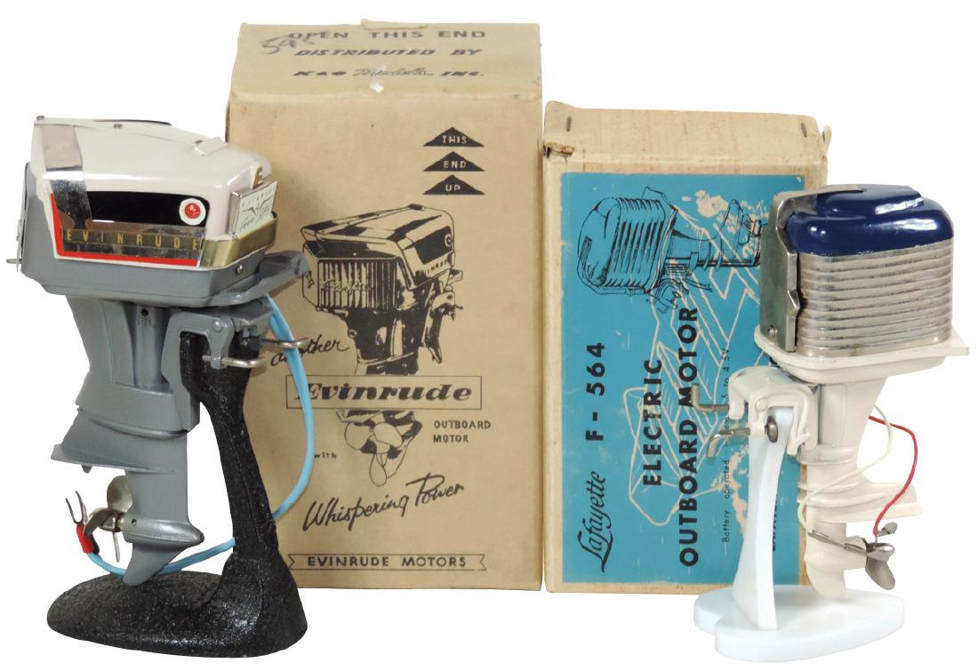 Toy boat motors (2), K & O 1958 Evinrude Starflite V-4: Toy boat motors (2), K & O 1958 Evinrude Starflite V-4 Four Fifty 50HP w/box/inst (wkg) & unmarked w/Lafayette F-564 box, both cast metal, VG+/Exc & VG cond, up to 6"H.