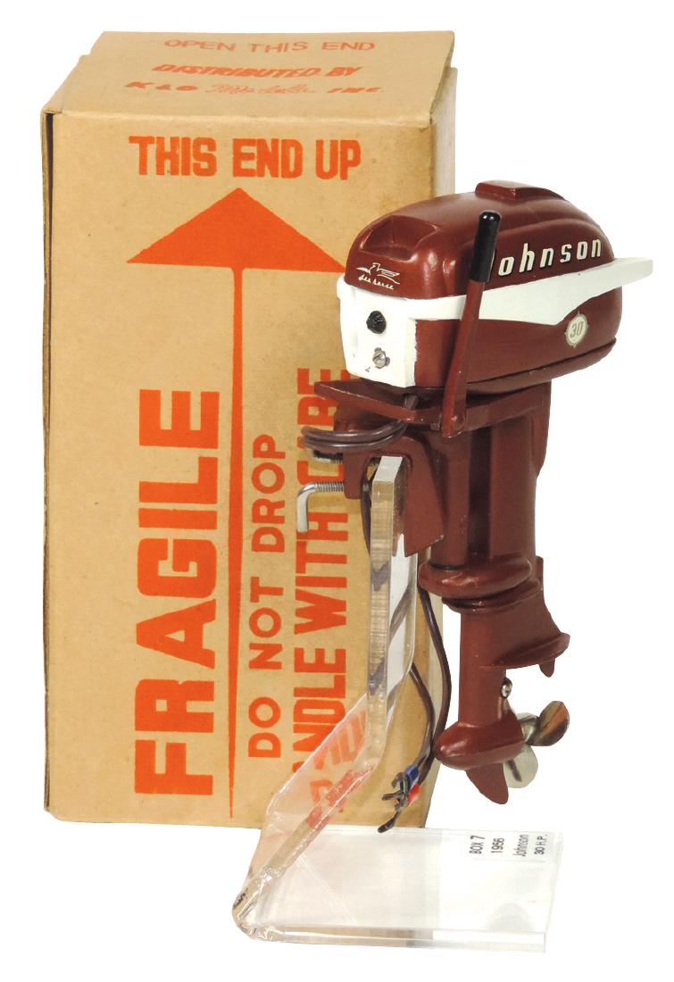Toy boat motor, K & O 1956 Johnson Sea-Horse 30HP: Toy boat motor, K & O 1956 Johnson Sea-Horse 30HP w/large decals, cast metal, orig box & inst, Mint wkg cond, 5.5"H.