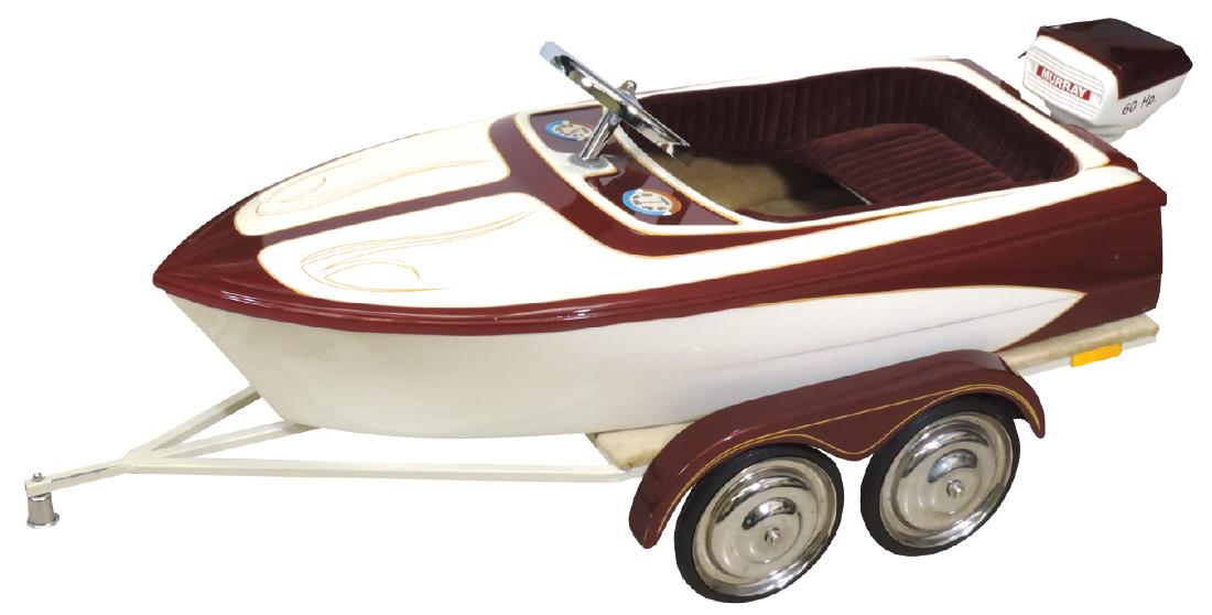 Children's boat on trailer, mfgd by Murray,: Children's boat on trailer, mfgd by Murray, c.1950's, painted pressed steel in burgundy & cream that matches pedal car in Lot #740 , Near-Mint restored cond, 20"H x 20"W x 50"L.