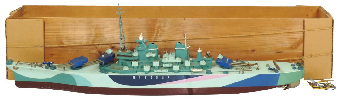 Toy boat, battleship Missouri, wood, battery powered,: Toy boat, battleship Missouri, wood, battery powered, Good/VG cond w/Fair box, 32"L.