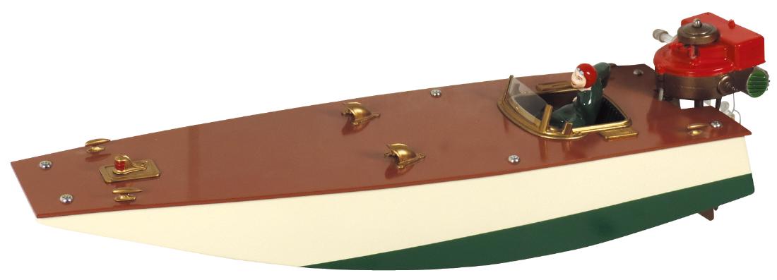Toy boat, race-style, wood w/Orkin Craft: Toy boat, race-style, wood w/Orkin Craft components/outboard, some contemporary parts, not powered, VG cond, 24"L.