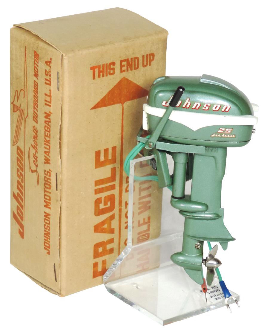 Toy boat motor, 1955 Johnson Sea-Horse 25HP, cast: Toy boat motor, 1955 Johnson Sea-Horse 25HP, cast metal, Near-Mint wkg cond w/orig box & inst, 5.5"H.