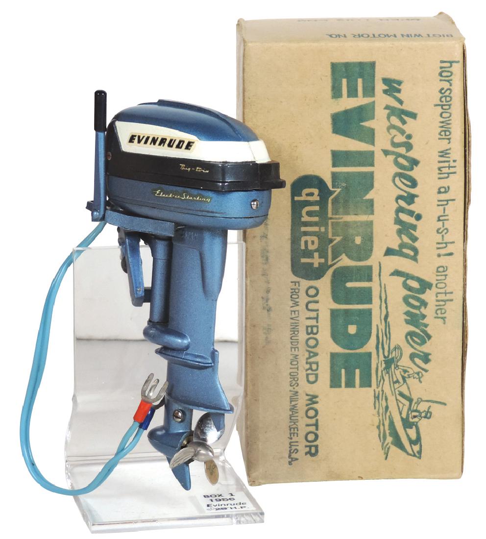 Toy boat motor, 1956 Evinrude Big Twin 30HP, cast: Toy boat motor, 1956 Evinrude Big Twin 30HP, cast metal, Mint wkg cond w/orig box & inst, 5.5"H.