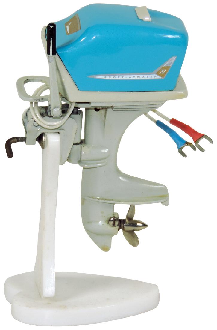 Toy boat motor, 1958 Scott-Atwater 22, Extremely Rare: Toy boat motor, 1958 Scott-Atwater 22, Extremely Rare light blue color, cast metal, Near-Mint wkg cond, 4.25"H.