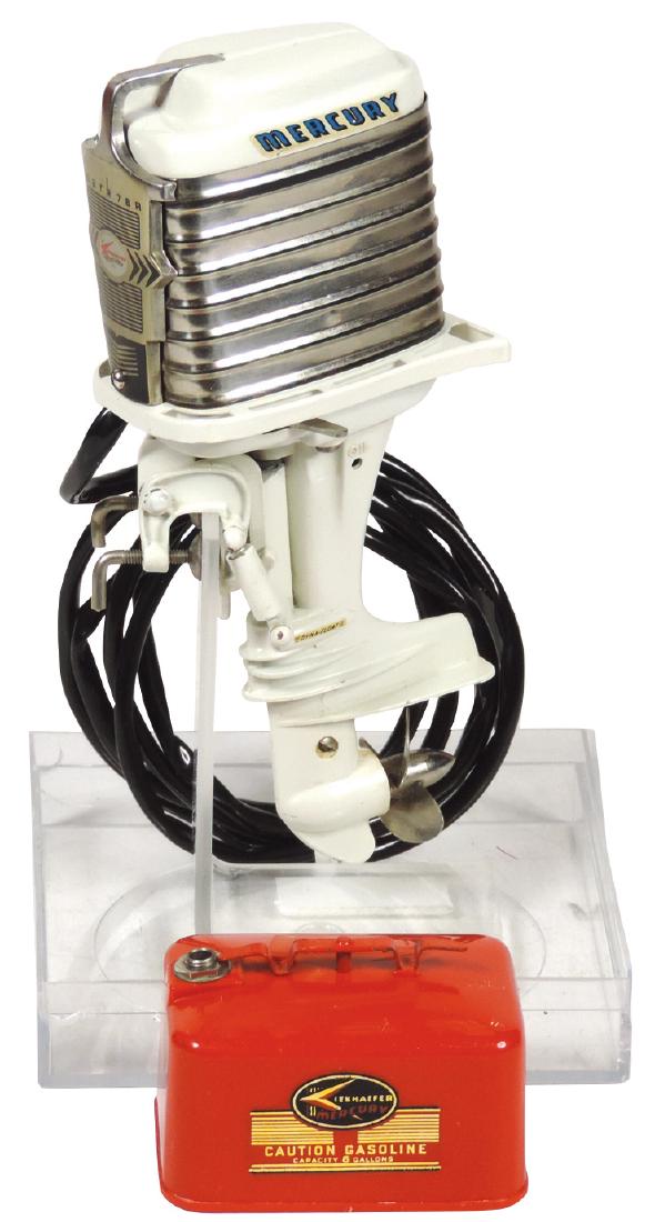 Toy boat motor, 1959 Mercury Mark 78-A Drink Mixer,: Toy boat motor, 1959 Mercury Mark 78-A Drink Mixer, cast metal w/metal gas tank & stand, Mint wkg cond, 6"H.