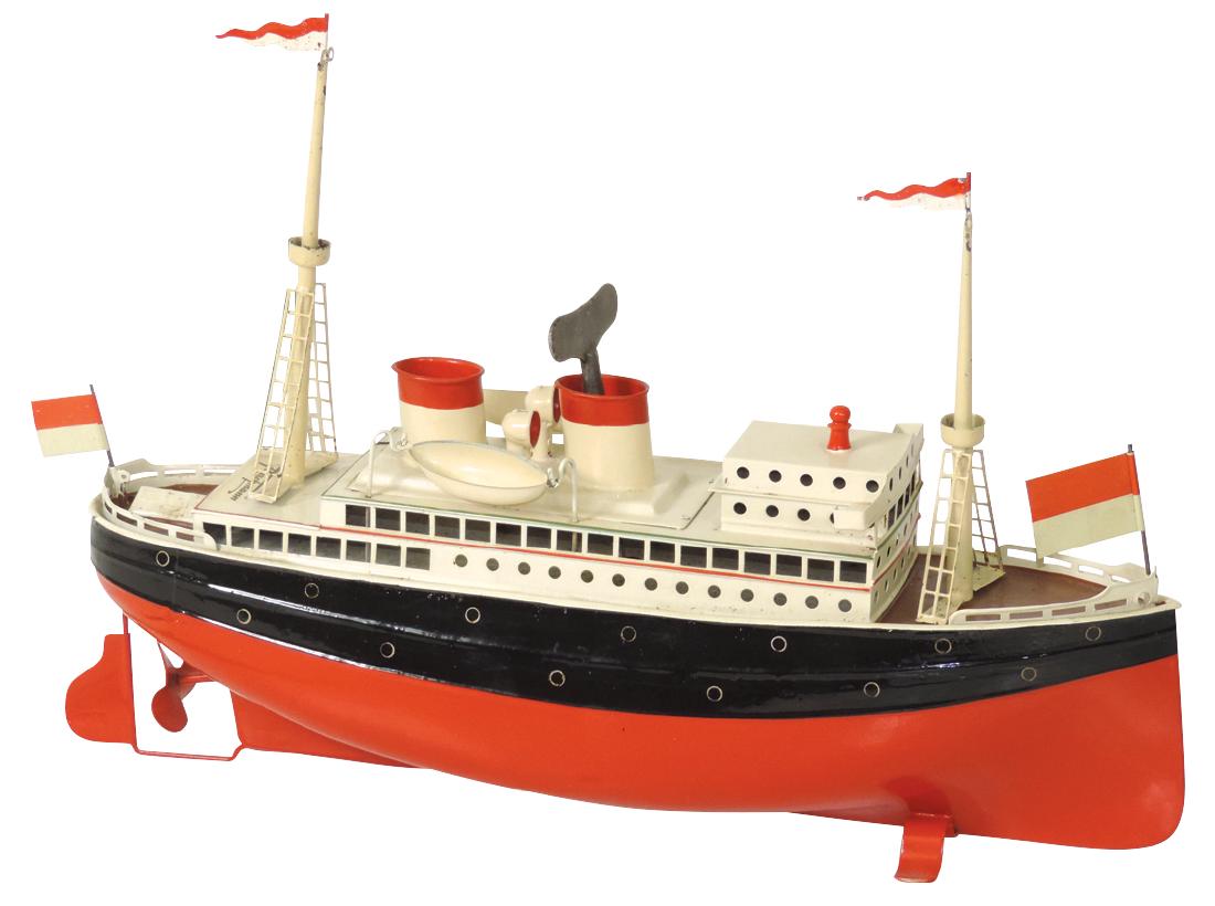 Toy boat, Fleischmann Express Steamer, painted metal: Toy boat, Fleischmann Express Steamer, painted metal w/windup mech, Exc cond, 13"L.