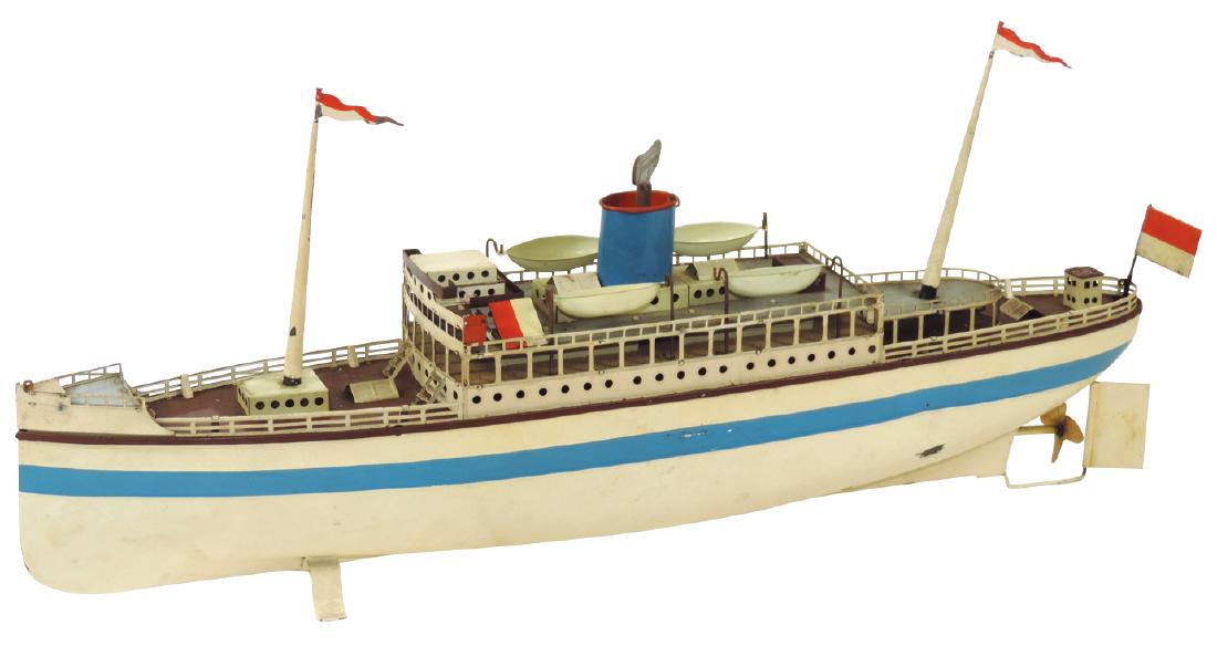 Toy boat, Fleischmann passenger ship, painted metal: Toy boat, Fleischmann passenger ship, painted metal w/windup mech, VG+ cond w/possible repaint, 20"L.