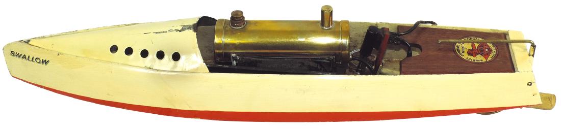 Toy boat, Bowman Models Swallow speedboat, wood, steam: Toy boat, Bowman Models Swallow speedboat, wood, steam powered, VG/Exc cond, 19"L.