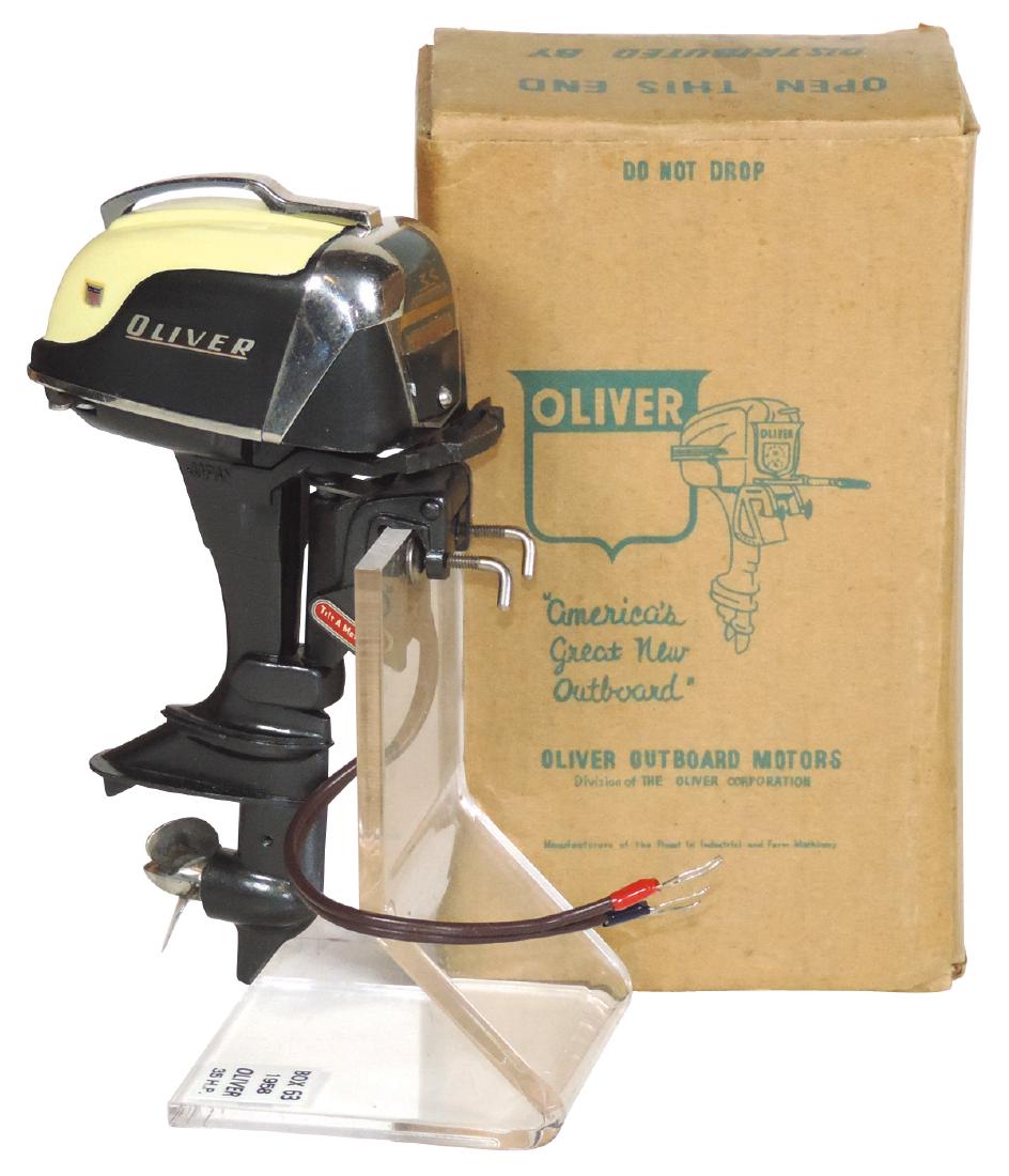 Toy boat motor, K & O 1958 Oliver 35HP, cast metal,: Toy boat motor, K & O 1958 Oliver 35HP, cast metal, Mint wkg cond w/orig box & inst, 5.5"H.