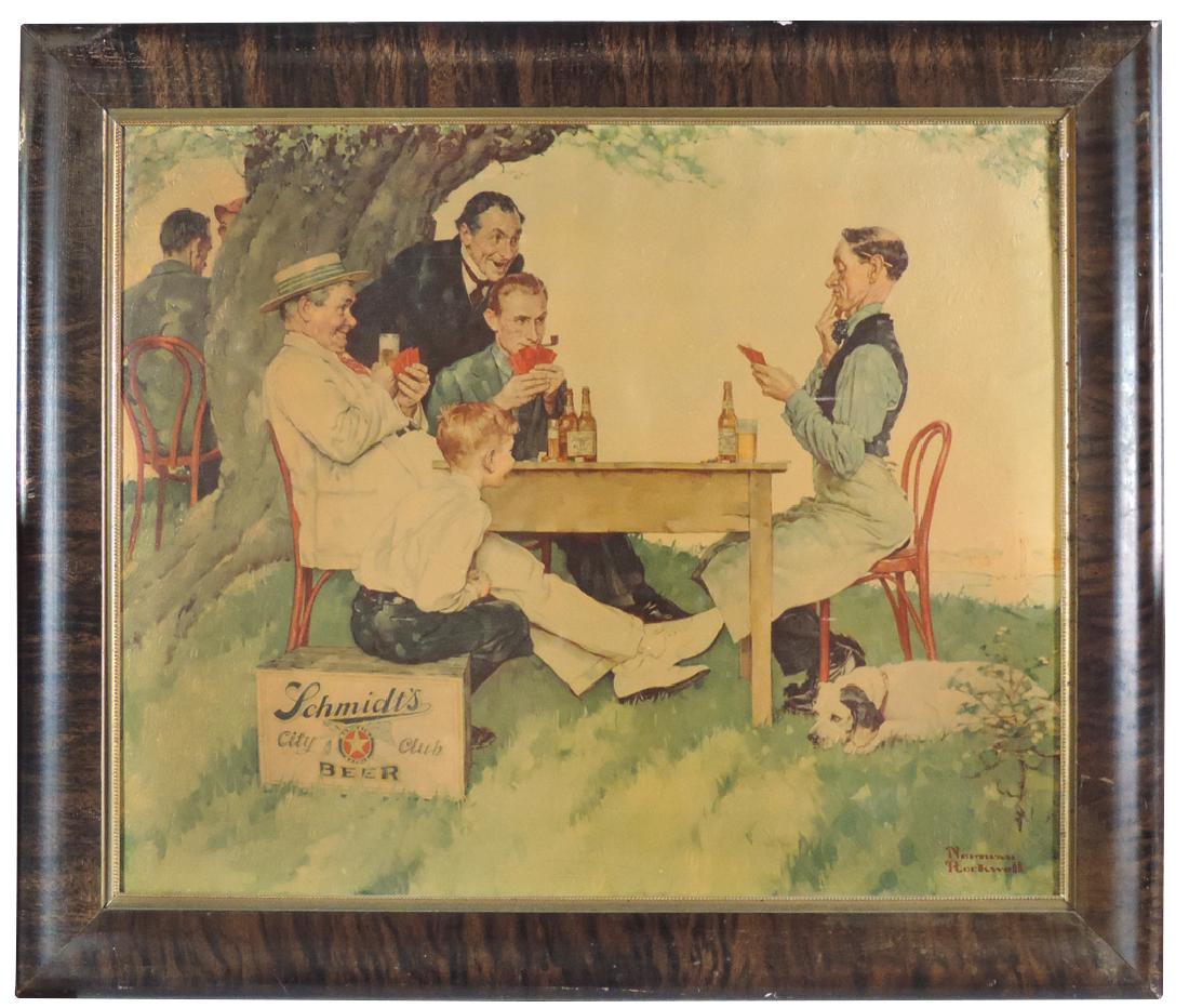 Breweriana, Schmidt's City Club Beer, Norman Rockwell: Breweriana, Schmidt's City Club Beer, Norman Rockwell litho on canvas in wood frame, some spots of damage on canvas prof restored, Good+/VG cond, orig frame Good cond w/some wear, 34.25"H x 40"W.