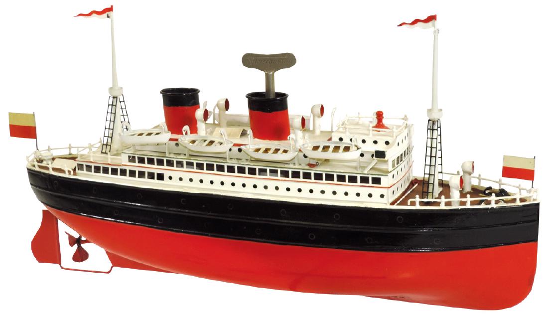 Toy boat, Fleischmann Express Steamer, painted metal: Toy boat, Fleischmann Express Steamer, painted metal w/windup mech, Exc wkg cond w/some repaint, 18"L.