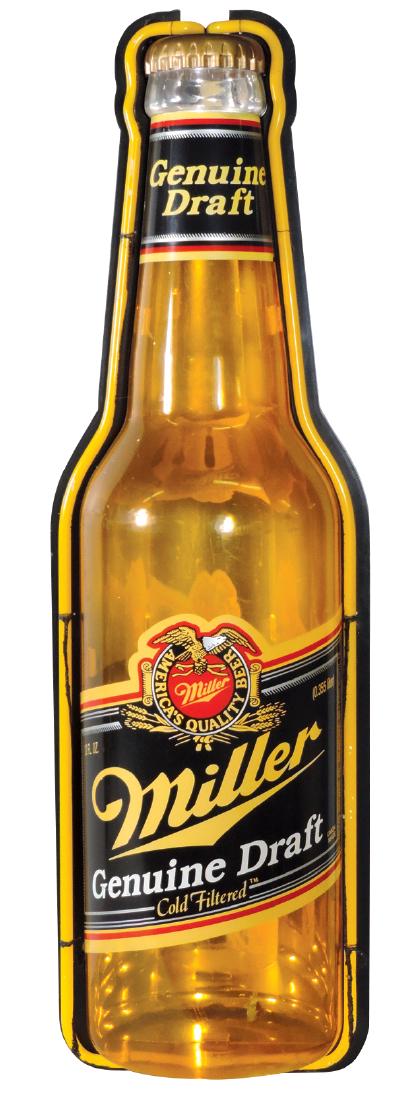 Breweriana sign, Miller, neon over plastic, bottle shap: Breweriana sign, Miller, neon over plastic, bottle shaped, VG wkg cond, 32"H x 9"W.