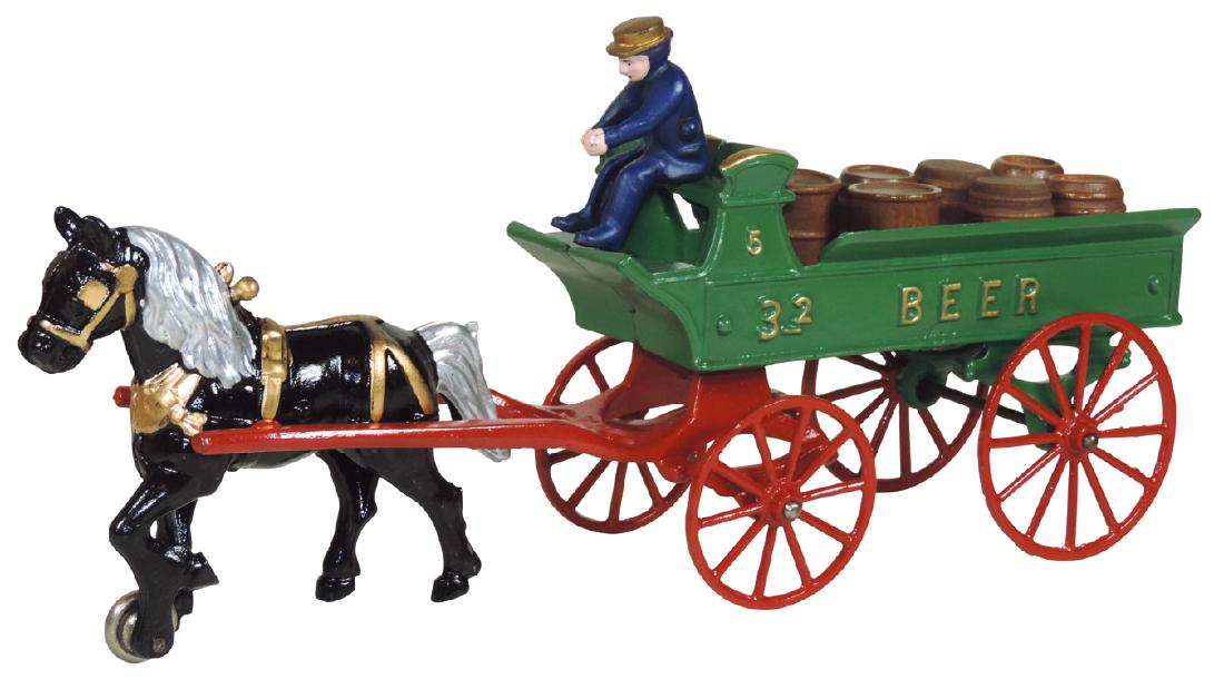 Toy horse-drawn wagon, Kenton 3.2 "Beer" w/driver,: Toy horse-drawn wagon, Kenton 3.2 "Beer" w/driver, repainted cast iron w/wooden barrels, VG cond, 14.5"L.