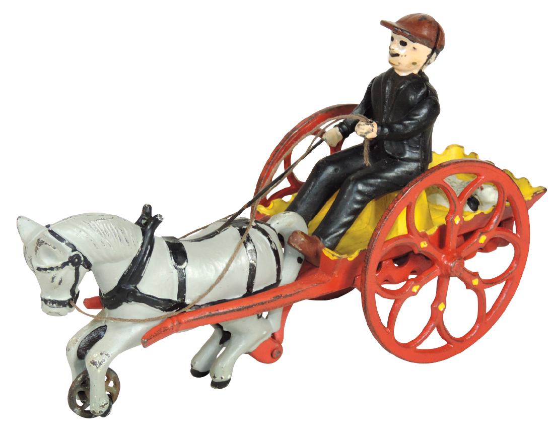 Toy cart, Stevens whipping pony cart w/cast iron dog: Toy cart, Stevens whipping pony cart w/cast iron dog sleeping in back, ornate spoke wheels, repainted cast iron, VG cond, 8.5"L.