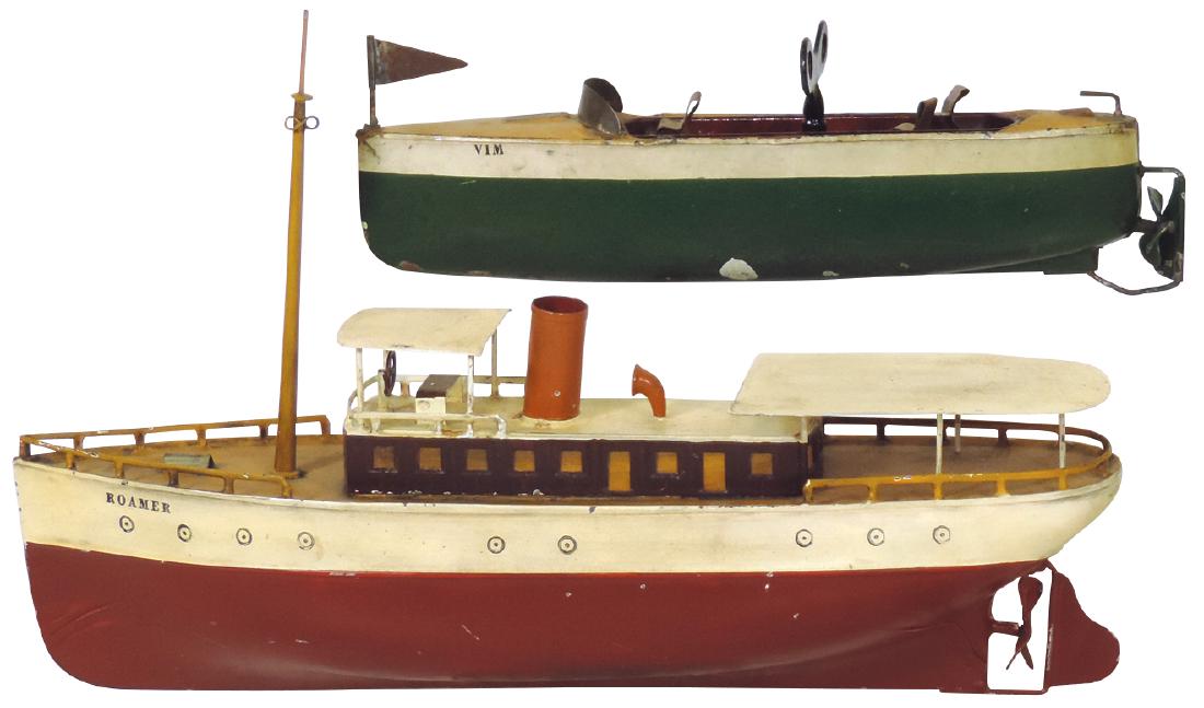 Toy boats (2), Ives "Roamer" passenger ship & Ives "Vim: Toy boats (2), Ives "Roamer" passenger ship & Ives "Vim" speedboat, painted metal w/windup mechs, Roamer w/out key, VG cond, 9" & 13"L.