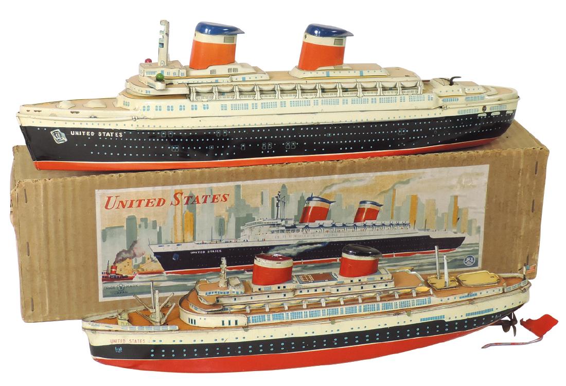 Toy boats (2), Japanese SAN & E.T. Co. passenger ships,: Toy boats (2), Japanese SAN & E.T. Co. passenger ships, litho on metal, battery powered & windup mech, no key, VG cond, w/VG box, 15" & 18"L.