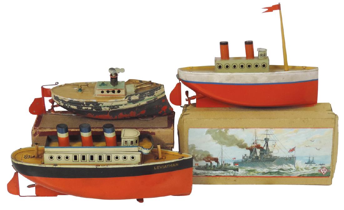 Toy boats (3), Bing passenger ships, painted metal: Toy boats (3), Bing passenger ships, painted metal w/windup mechs, no keys for (2), VG cond, (2)boxes for smaller ships, in VG cond, 6"-9"L.