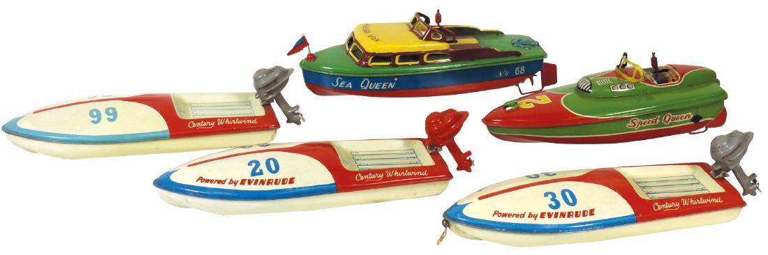Toy boats (5), Speed Queen 2, Sea Queen 58 & (3): Toy boats (5), Speed Queen 2, Sea Queen 58 & (3) Century Whirlwind, painted metal, w/windup mechs not powered, VG/Exc cond, 9"-10"L.