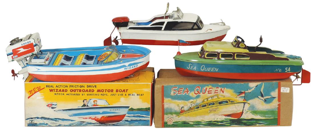 Toy boats (3), Japanese Yonezawa "Sea Queen" cruiser,: Toy boats (3), Japanese Yonezawa "Sea Queen" cruiser, litho on metal friction, VG cond w/Good box, 10"L; Wizard Outboard Motor Boat w/pull string outboard, litho on metal, Exc cond w/VG box, 9"L & Jap