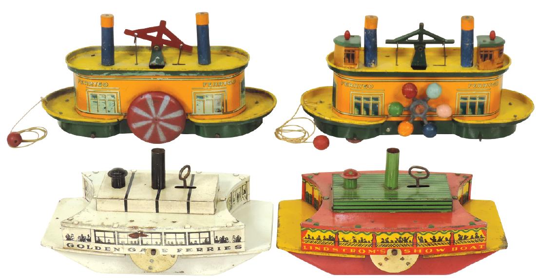 Toy boats (4), Lindstrom, ShowBoat, Golden Gate &: Toy boats (4), Lindstrom, ShowBoat, Golden Gate & FerryGo ferries, litho on metal, (2) are pull toys, (2) w/windup mechs, VG cond, 8"-11"L.