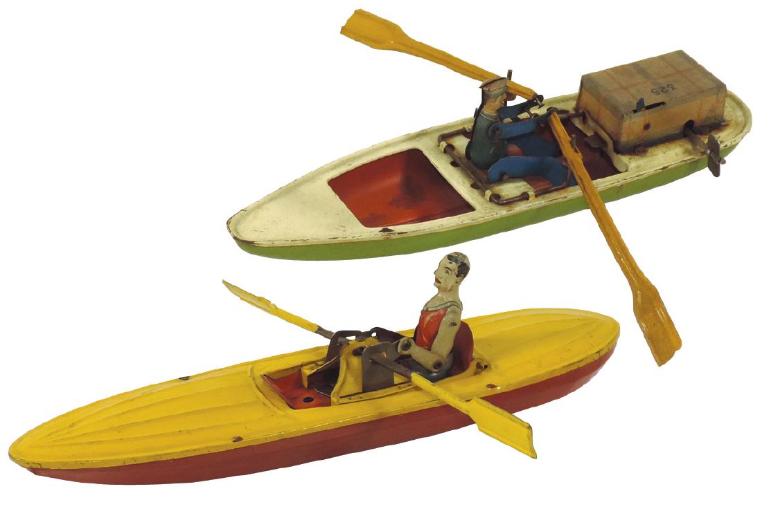 Toy boats (2), row boats, maker's unknown, litho on met: Toy boats (2), row boats, maker's unknown, litho on metal w/windup mechs, Good cond, 9" & 11"L.