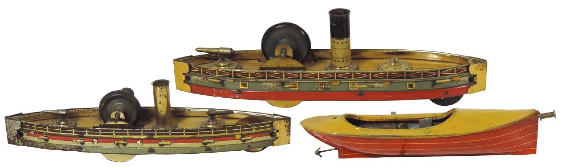 Toy boats (3), (2) Carette ground runners & Reeves: Toy boats (3), (2) Carette ground runners & Reeves speedboat, litho on metal & painted metal, friction powered, Good/VG cond, 8"-12"L.