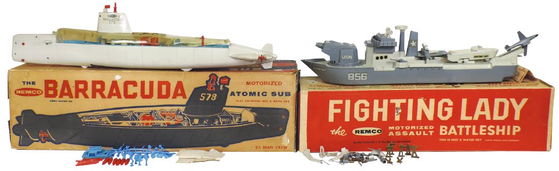 Toy boats (2), REMCO Barracuda Atomic Sub, plastic,: Toy boats (2), REMCO Barracuda Atomic Sub, plastic, battery powered, top cover warped, Good cond w/Good box & REMCO "Fighting Lady" battleship, plastic, battery powered, not a water toy, Fair/Good con