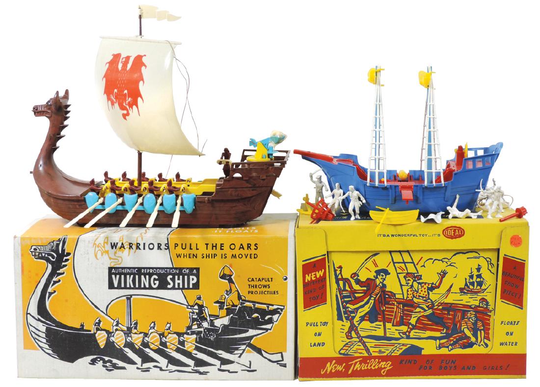 Toy boats (2), Renwal Viking Ship, plastic pull toy,: Toy boats (2), Renwal Viking Ship, plastic pull toy, Exc cond w/Good box, 18"L & Ideal Pirate Ship, plastic pull toy, Exc cond w/VG box, 13"L.