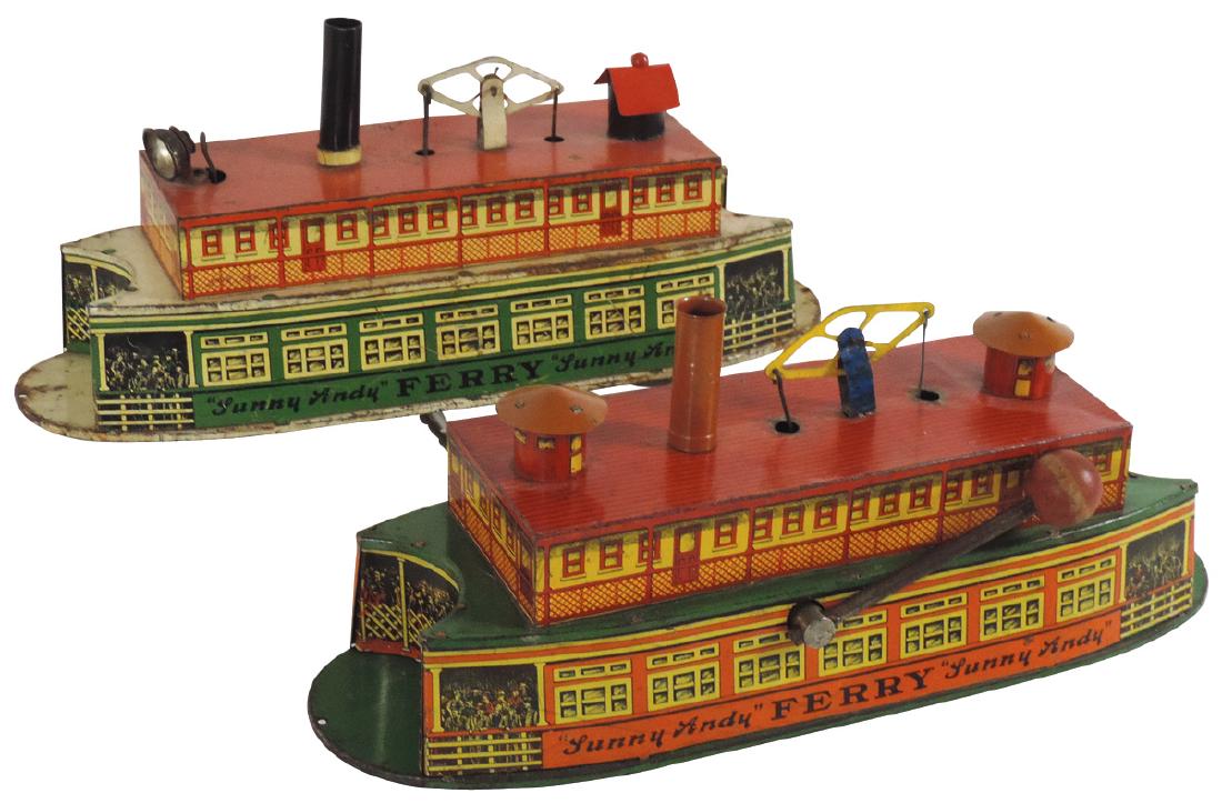 Toy boats (2), Sunny Andy ferries, litho on metal,: Toy boats (2), Sunny Andy ferries, litho on metal, windup & friction powered w/battery light, VG cond, both 14"L.