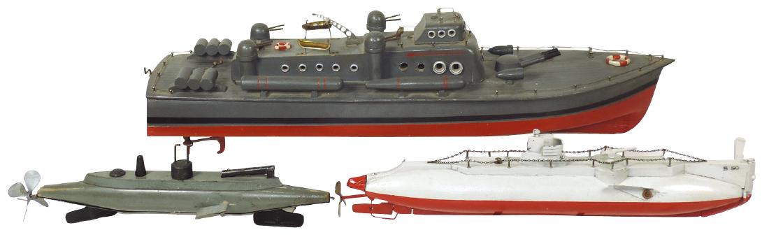 Toy boats (3), gunboat, wood, battery powered, Good: Toy boats (3), gunboat, wood, battery powered, VG cond, 29"L & wood submarines, not powered, VG cond, 14"-19"L.