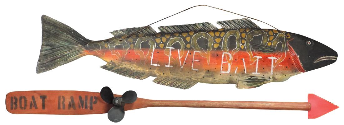 Fishing signs (2), "Live Bait" double-sided,: Fishing signs (2), "Live Bait" double-sided, hand-carved fish & "Boat Ramp" oar w/prop & directional arrow, both wood, VG cond, largest 14"H x 54"W.