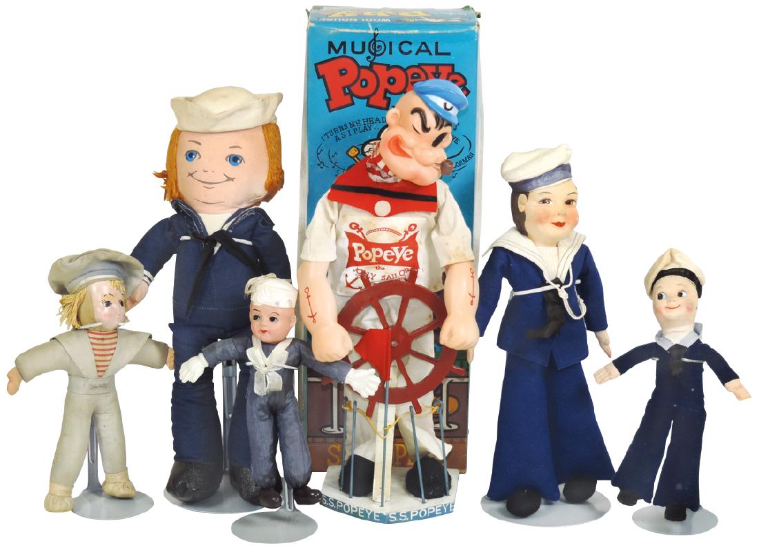 Nautical dolls (6), (2) Norma Wellington sailor dolls,: Nautical dolls (6), (2) Norma Wellington sailor dolls, c.1930's; (2) w/celluloid heads; cloth Mattel & Musical Woolikin Popeye w/orig box, non-wkg, VG/Exc cond unless noted, 7.5"H to 16"H.
