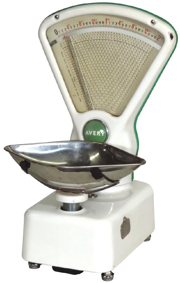 Country store scale, Avery table model, weighs up to 2: Country store scale, Avery table model, weighs up to 2 lbs, white & green porcelain w/orig pan, Exc wkg cond, 21"H x 12"W.