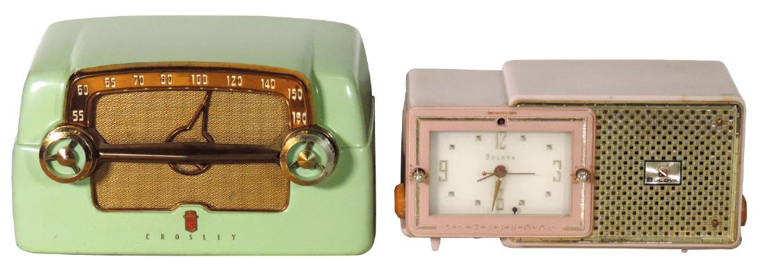 Radios (2), Bulova Model 100 clock radio, pink case,: Radios (2), Bulova Model 100 clock radio, pink case, missing (1) knob, VG wkg cond & Crosley Model E-15 CE, green case, thumb-sized notch missing on back side of case, Good wkg cond w/loud buzz, up to