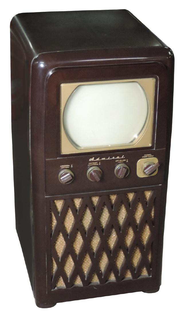 Television, Admiral Model 24A12, c.1948, 12 channels,: Television, Admiral Model 24A12, c.1948, 12 channels, Bakelite case, crisscross dÃ©cor on bottom, 7" x 9.5" screen, cosmetically Exc cond, untested, 32"H x 15.5"W x 19"D.