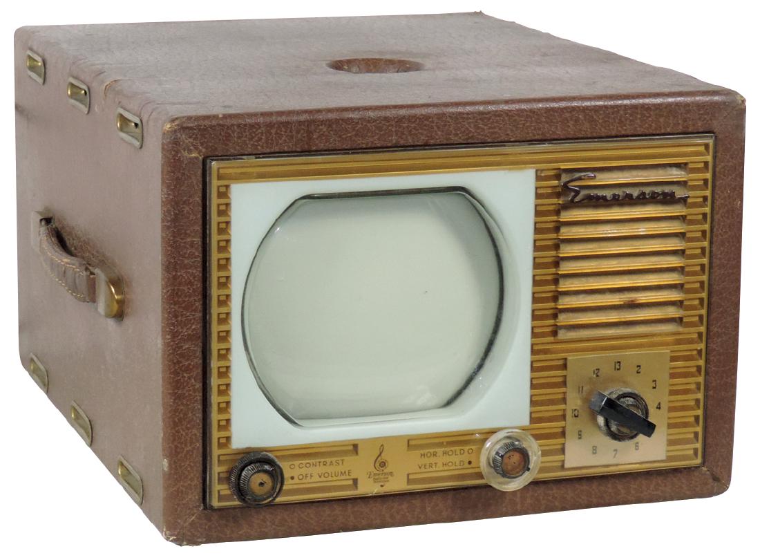 Television, Emerson, leatherette case, 6" screen,: Television, Emerson, leatherette case, 6" screen, missing metal back panel, o/wise VG untested cond, 10"H x 13.5"W x 16"D.