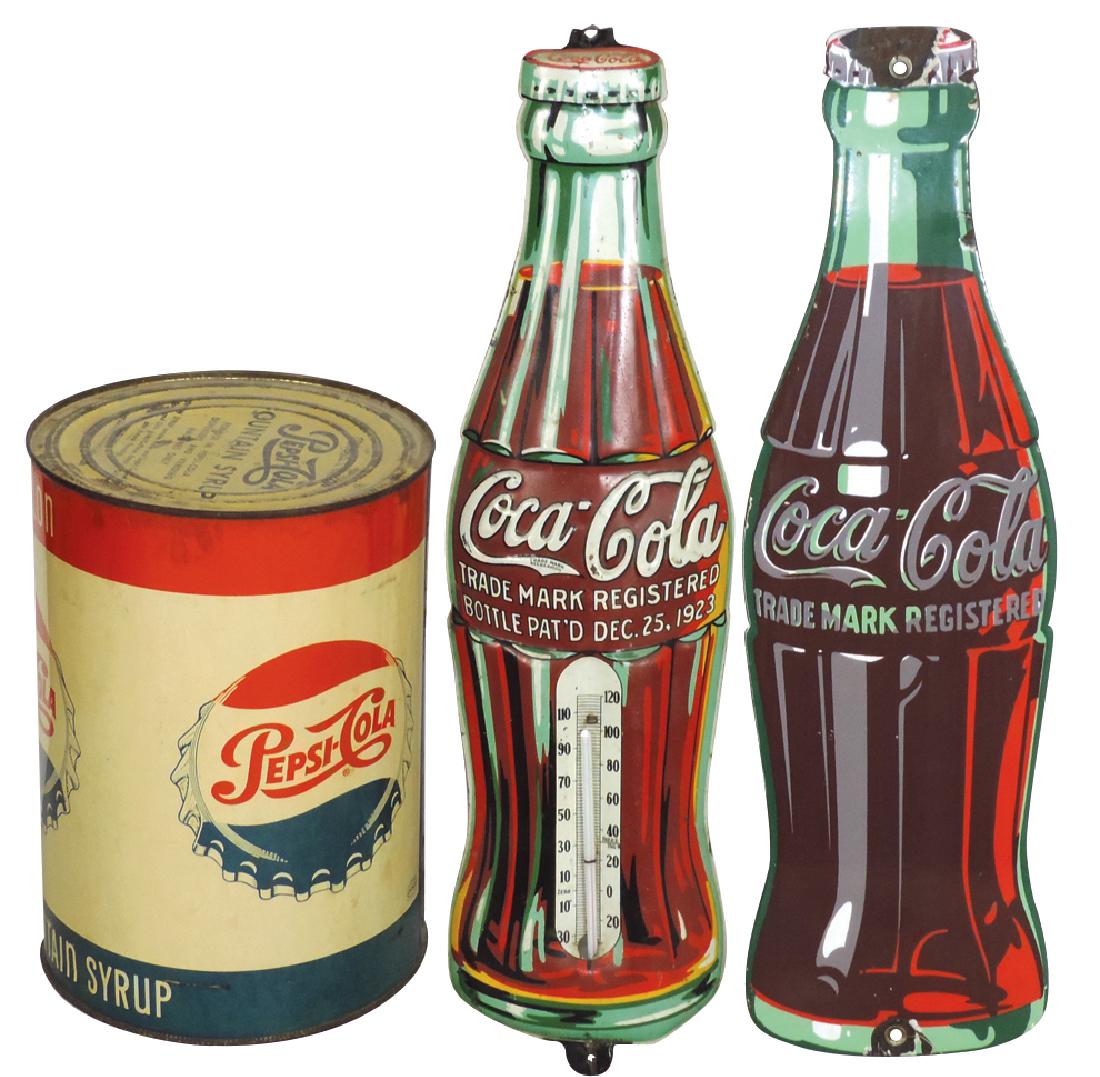 Coca-Cola & Pepsi-Cola items (3), porcelain bottle: Coca-Cola & Pepsi-Cola items (3), porcelain bottle sign, embossed tin thermometer & 1 gal syrup tin, all VG cond, up to 16.5"H.