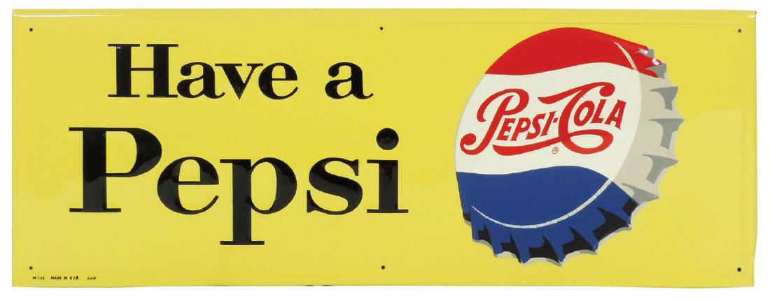 Pepsi-Cola sign, "Have a Pepsi", self-framed embossed: Pepsi-Cola sign, "Have a Pepsi", self-framed embossed metal w/bottle cap graphic, marked M-156 AAW, NOS in Near-Mint cond, 12"H x 31"W.