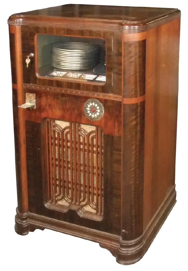 Coin-operated jukebox, Wurlitzer P-12, c.1935, VG: Coin-operated jukebox, Wurlitzer P-12, c.1935, VG cosmetic cond w/an older restoration, looks like it could work & is largely complete, 49"H x 32"W x 23"D.