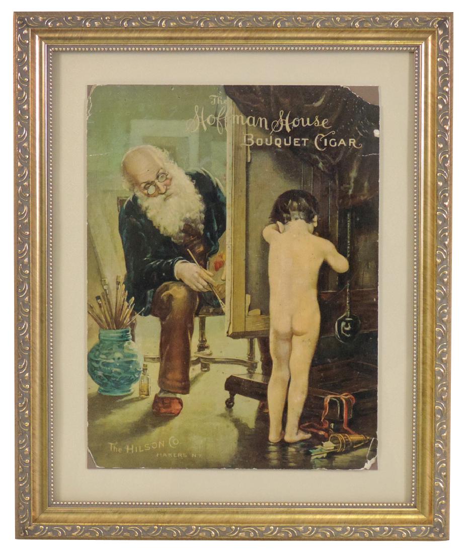 Cigar sign, Hoffman House Bouquet Cigar, The Hilson Co.: Cigar sign, Hoffman House Bouquet Cigar, The Hilson Co. Makers-N.Y., cute litho on cdbd, Very Rare, c.1880's, VG cond w/loss on corners, prof framed, 17.5"H x 14"W.