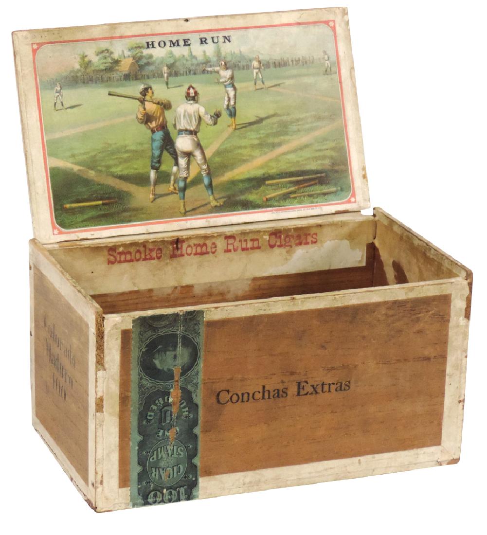 Cigar box, Baseball Home Run, depicts an early game, no: Cigar box, Baseball Home Run, depicts an early game, no gloves used & hands spread apart batting, c.1883, inside & outside labels, VG cond, 4.5"H x 8.5"W.
