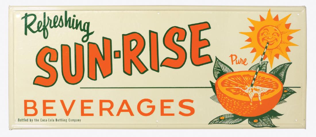 Soda fountain sign, Sun-Rise Beverages, bottled by: Soda fountain sign, Sun-Rise Beverages, bottled by Coca-Cola, self-framed metal w/colorful graphic, Exc+ cond, 12"H x 28"W.