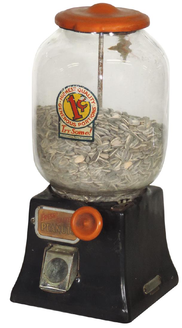 Coin-operated peanut machine, Northwestern, 1 Cent,: Coin-operated peanut machine, Northwestern, 1 Cent, porcelain base, Exc wkg cond w/keys, 15.5"H.